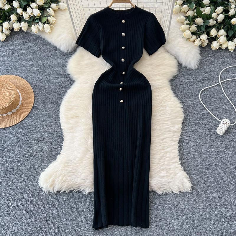 FashionableSingle-Button Hollow-Out Long Dress Round Neck Short Sleeve Bodycon Knitted Dress
