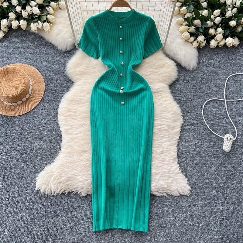 FashionableSingle-Button Hollow-Out Long Dress Round Neck Short Sleeve Bodycon Knitted Dress