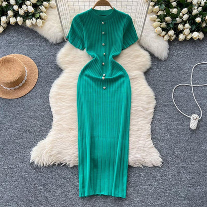 FashionableSingle-Button Hollow-Out Long Dress Round Neck Short Sleeve Bodycon Knitted Dress