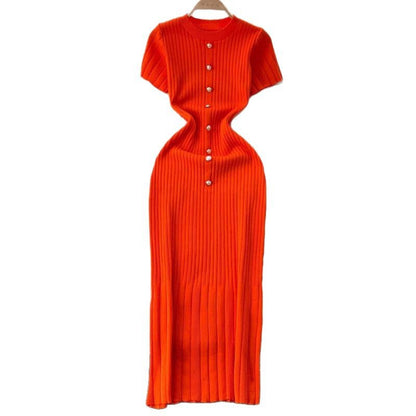 FashionableSingle-Button Hollow-Out Long Dress Round Neck Short Sleeve Bodycon Knitted Dress