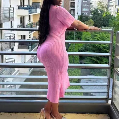 FashionableSingle-Button Hollow-Out Long Dress Round Neck Short Sleeve Bodycon Knitted Dress