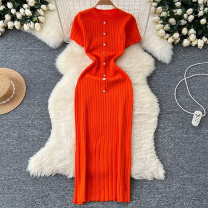 FashionableSingle-Button Hollow-Out Long Dress Round Neck Short Sleeve Bodycon Knitted Dress