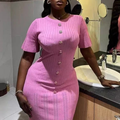 FashionableSingle-Button Hollow-Out Long Dress Round Neck Short Sleeve Bodycon Knitted Dress