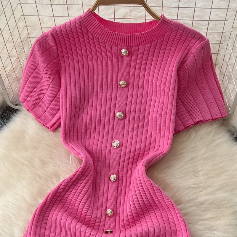 FashionableSingle-Button Hollow-Out Long Dress Round Neck Short Sleeve Bodycon Knitted Dress