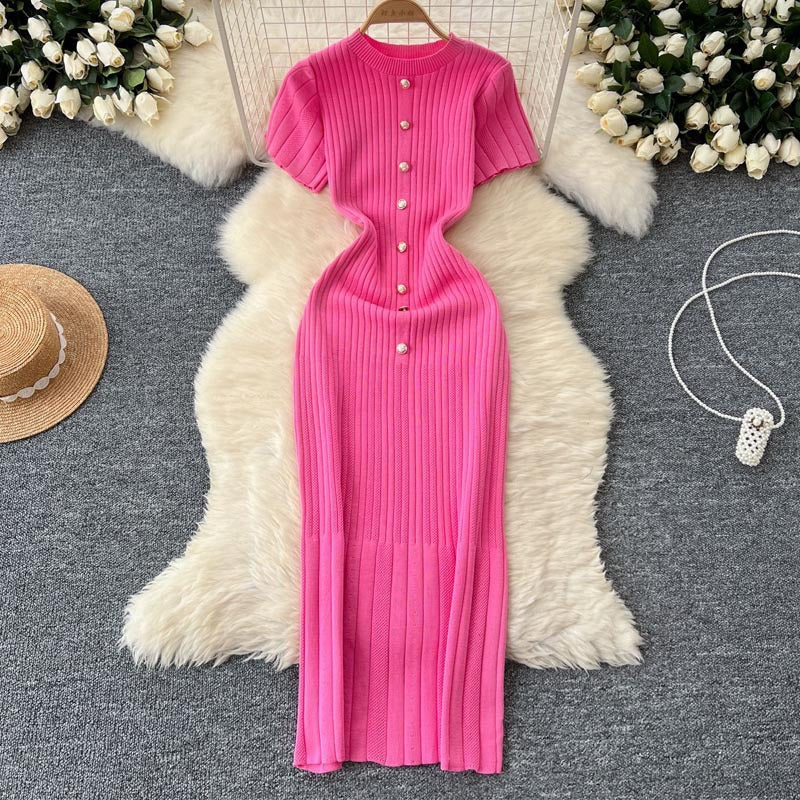 FashionableSingle-Button Hollow-Out Long Dress Round Neck Short Sleeve Bodycon Knitted Dress