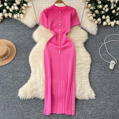 FashionableSingle-Button Hollow-Out Long Dress Round Neck Short Sleeve Bodycon Knitted Dress