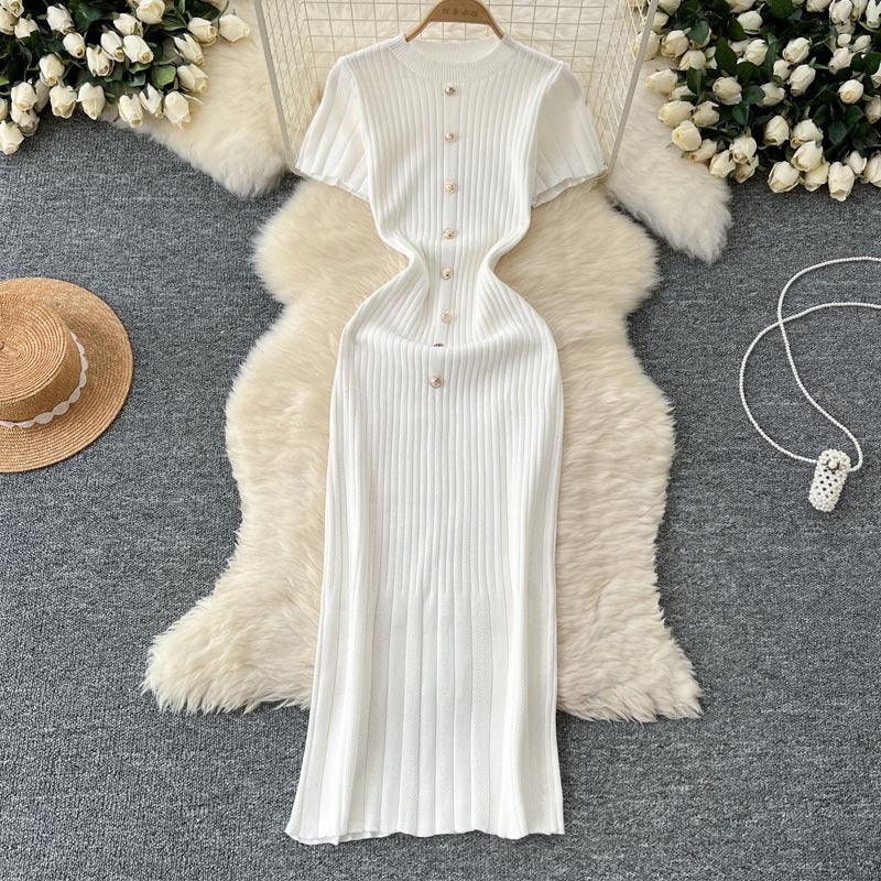 FashionableSingle-Button Hollow-Out Long Dress Round Neck Short Sleeve Bodycon Knitted Dress
