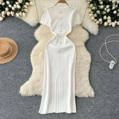 FashionableSingle-Button Hollow-Out Long Dress Round Neck Short Sleeve Bodycon Knitted Dress