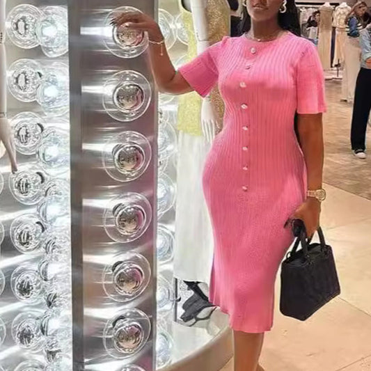 FashionableSingle-Button Hollow-Out Long Dress Round Neck Short Sleeve Bodycon Knitted Dress
